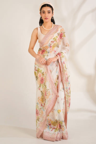 Moh India White floral printed organza sari set MOHIJUN26D148143
