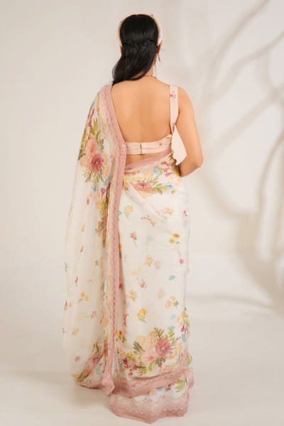 Moh India White floral printed organza sari set MOHIJUN26D148143