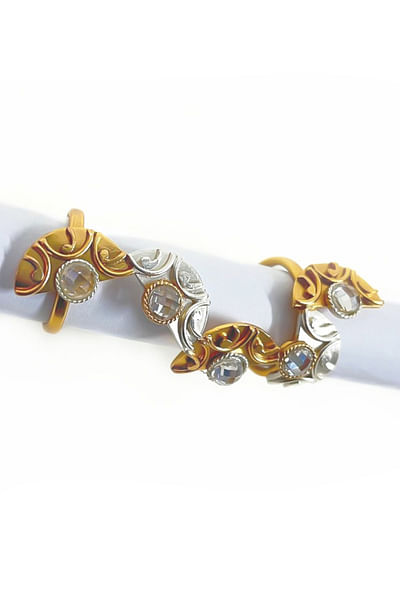 Gold and silver crystal double-finger ring