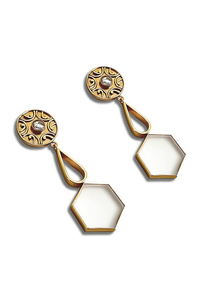 Gold and white opaque acrylic hexagon earrings
