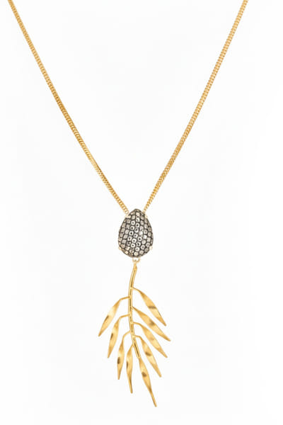 Gold bead-leaf embellished pendant necklace