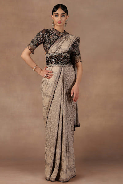 Taupe zari embroidered sari set