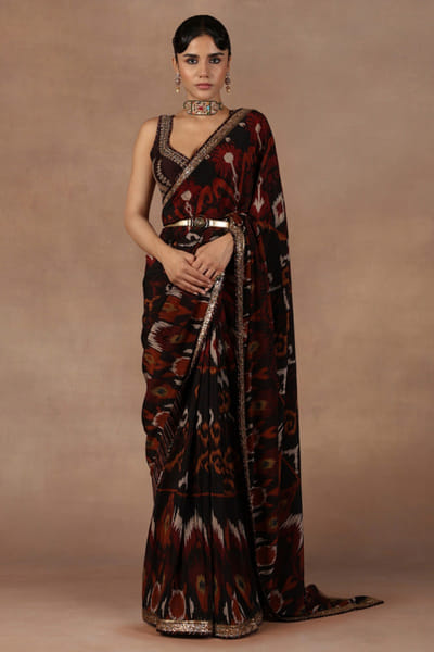Burgundy ikat printed sari set