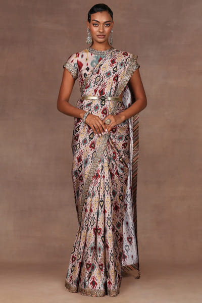 Blush taupe ikat printed sari set