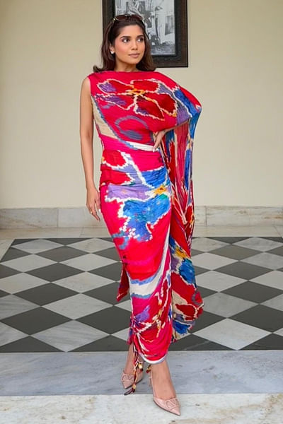 Pink and red floral printed cape dress