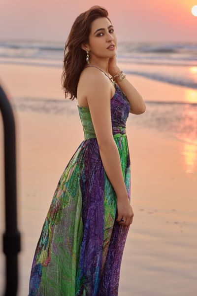 Green and purple floral printed maxi dress