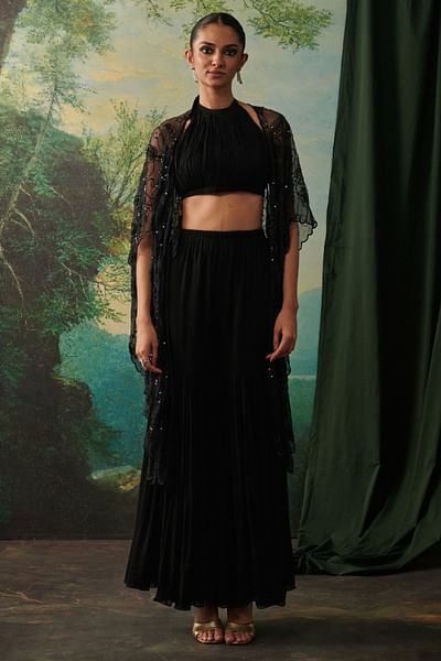 Black embroidered cape set