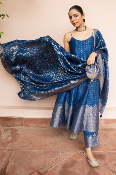 Royal blue zari gota anarkali set