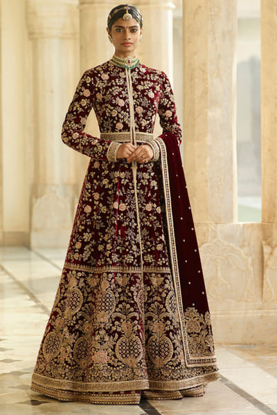 Sabyasachi Burgundy jacket lehenga set SACINAL05