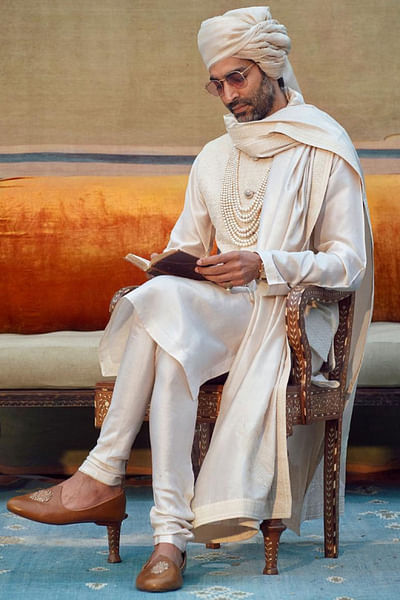 Ivory cord Nehru jacket with kurta set 