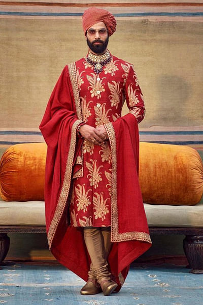Red buti embroidered sherwani