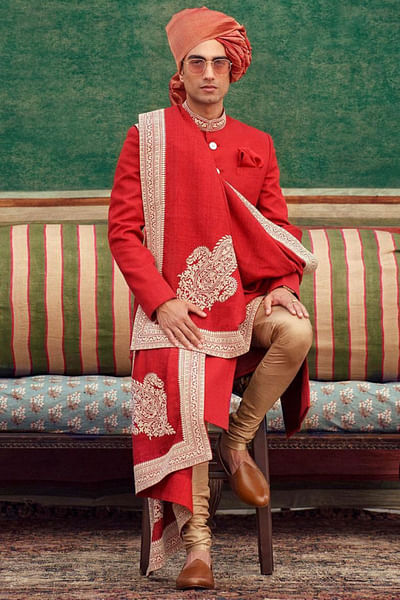 Red sherwani with embroidered collar