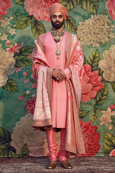 Micro quilted silk sherwani with tiger buttons