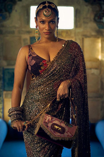 Sequin sari and velvet blouse