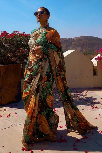 Printed embroidered chiffon sari set