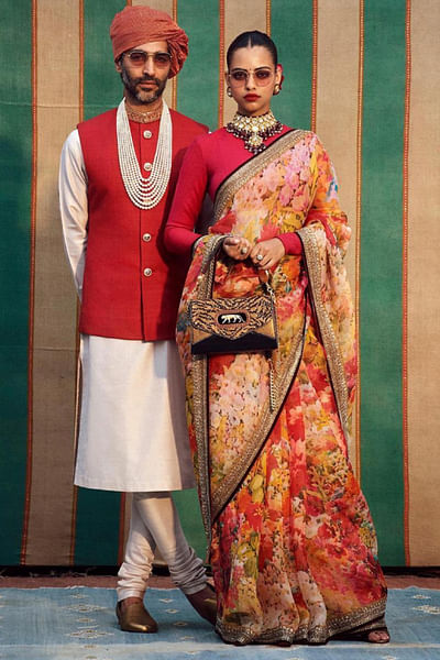 Printed organza sari with silk blouse