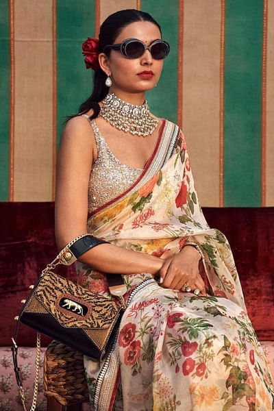 Printed organza sari with sequined blouse