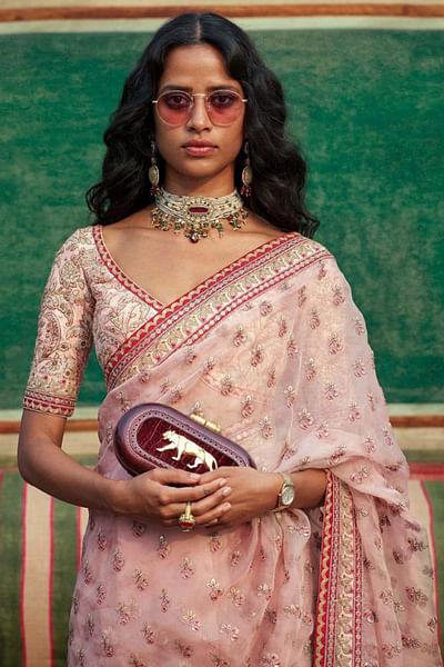 Embroidered organza sari and silk blouse 