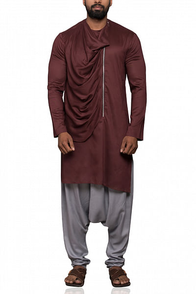 Brown and grey draped kurta