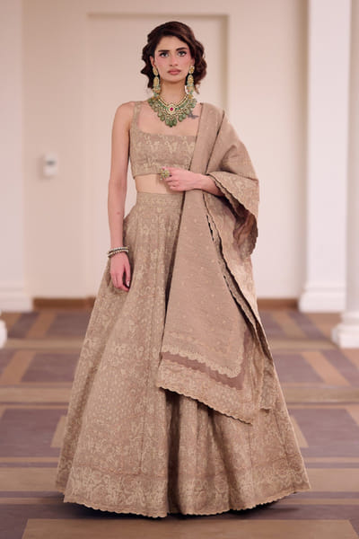 Safaa Mocha chantilly lace woven lehenga set SAFAAUG26D151348