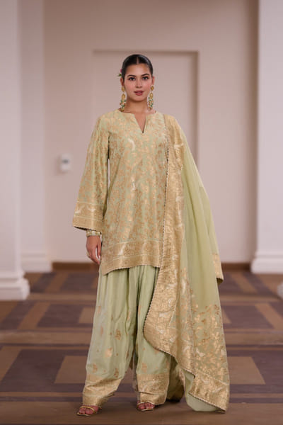 Safaa Green zari gota and parsi gara woven kurta set SAFAAUG26D151353