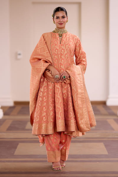 Safaa Coral peach banarasi woven anarkali set SAFAAUG26D151347