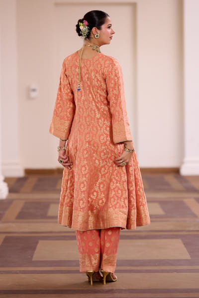 Safaa Coral peach banarasi woven anarkali set SAFAAUG26D151347