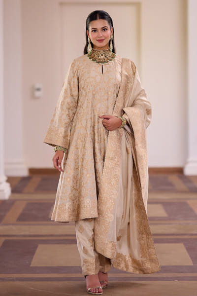 Safaa Ivory floral zari gota woven Anarkali set SAFAAUG26D151338