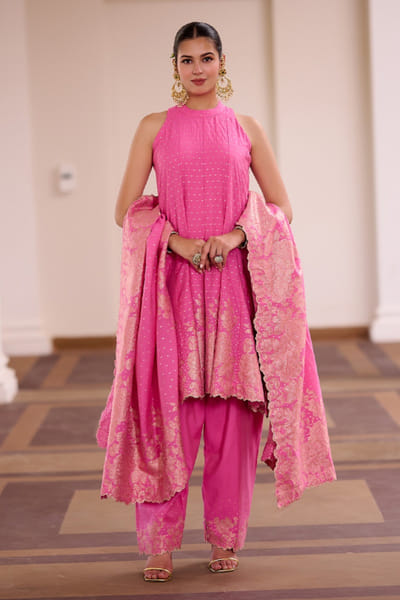 Safaa Fuchsia floral zari gota woven anarkali set SAFAAUG26D151349