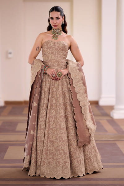 Safaa Mocha chantilly lace woven lehenga set SAFAAUG26D151343