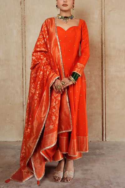 Orange polka woven anarkali set