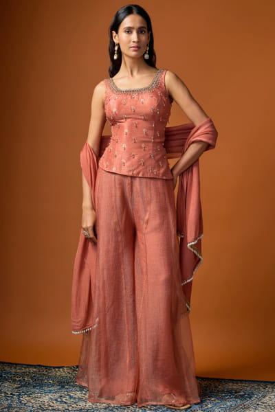 Orange embroidered corset palazzo set