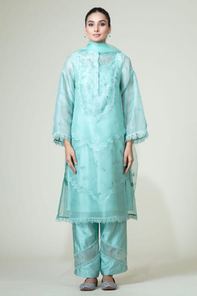 Mint floral embroidered dupatta