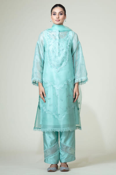 Mint floral embroidered straight kurta set