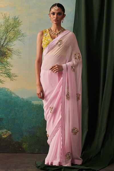 Blush pink floral embroidered sari