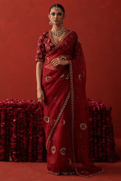 Red cutdana embroidered sari
