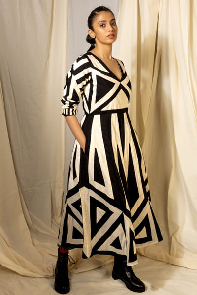 Black and white geometric applique dress