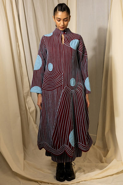 Maroon and sky blue chord applique dress