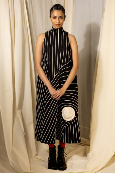 Black and white striped chord applique dress