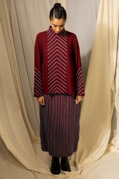Maroon and sky blue chord applique skirt