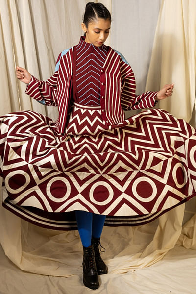White and maroon chevron applique skirt