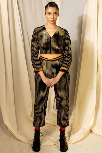 Black and gold striped zari embroidered pants