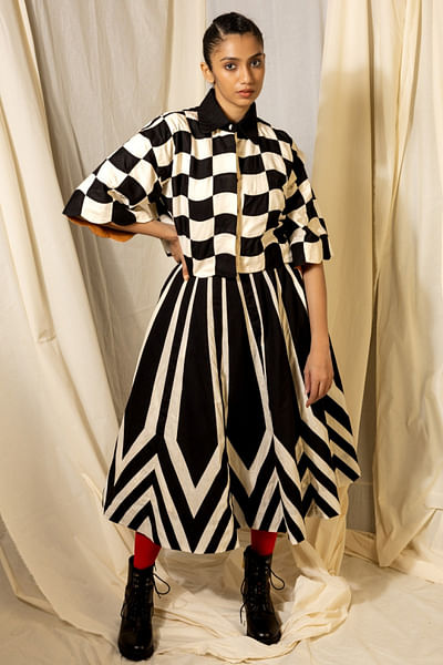 Black white chevron applique panelled skirt