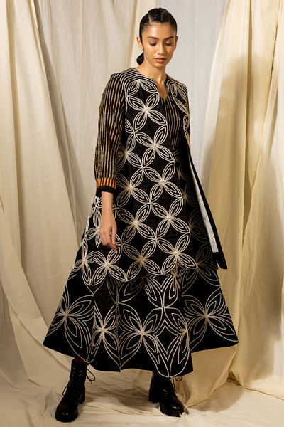 Black and white floral hand embroidered skirt