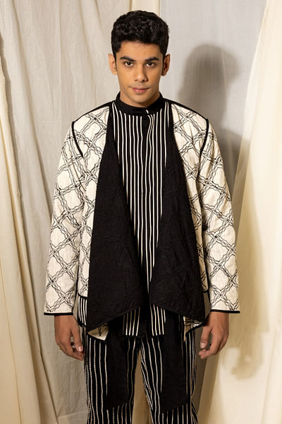 Black embroidered reversible wrap-tie overlay
