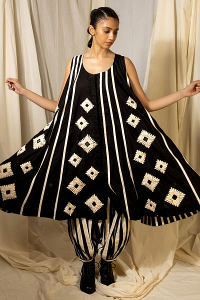 Black and white mirror hand embroidered tunic