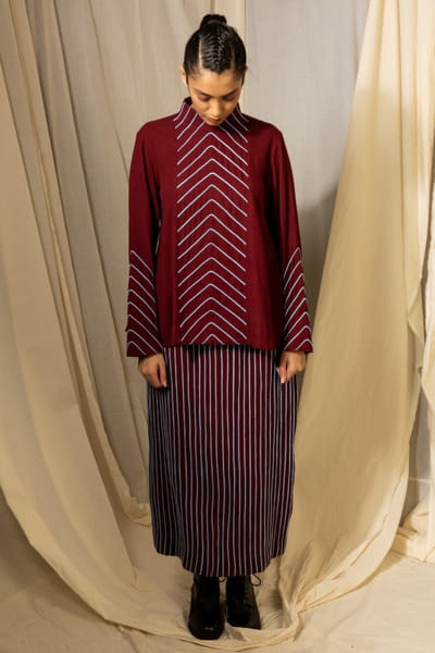 Maroon - sky blue chevron chord applique top