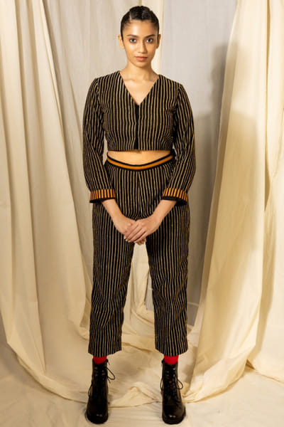 Black and gold zari thread embroidered top