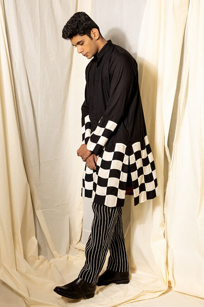 Black white checks patchwork applique kurta