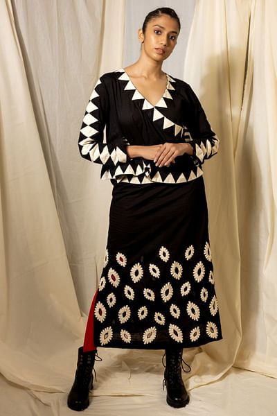 Black and white reversible applique wrap top